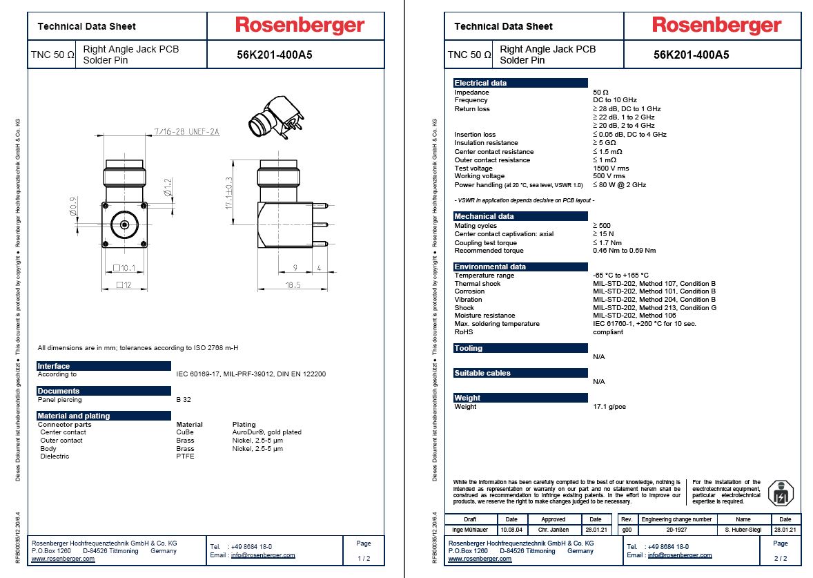 Rosenberger 10 GHz TNC直角PCB同轴连接器
